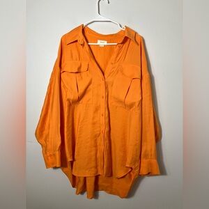 maeve anthropologie Long Sleeve Button Front Shirt Oversized Sz Large Orange